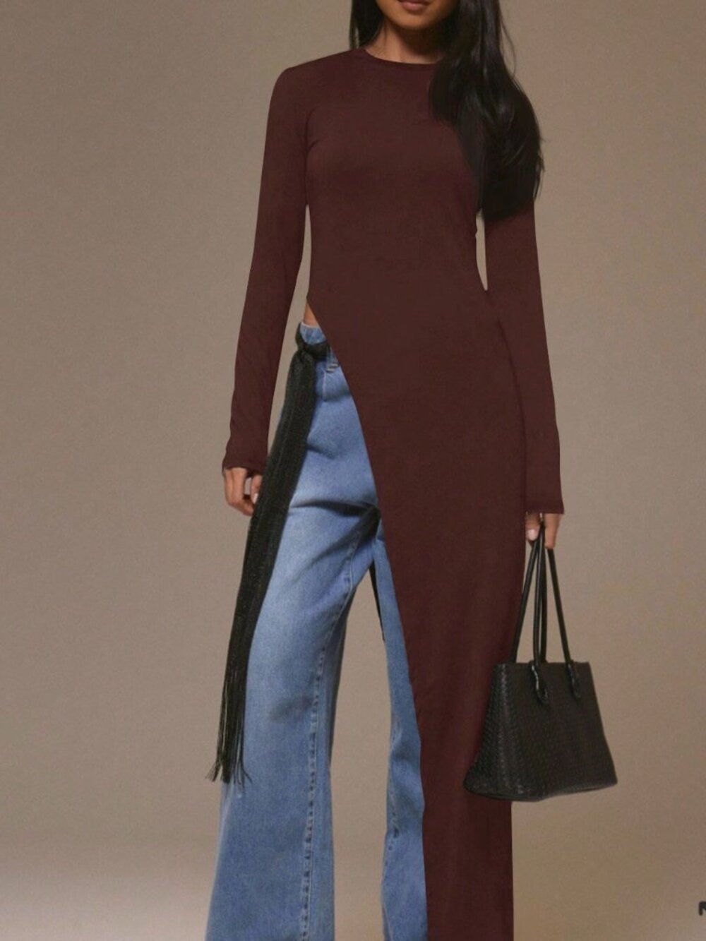 Chocolate Brown Casual Women's Knot Split Asymmetrical Long Round Neck Top